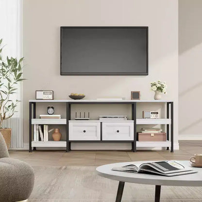 Meuble TV Industriel 63 pouces - Centre de divertissement compatible avec écrans jusqu'à 65 pouces, 2 tiroirs, étagères ouvertes et cadre métallique