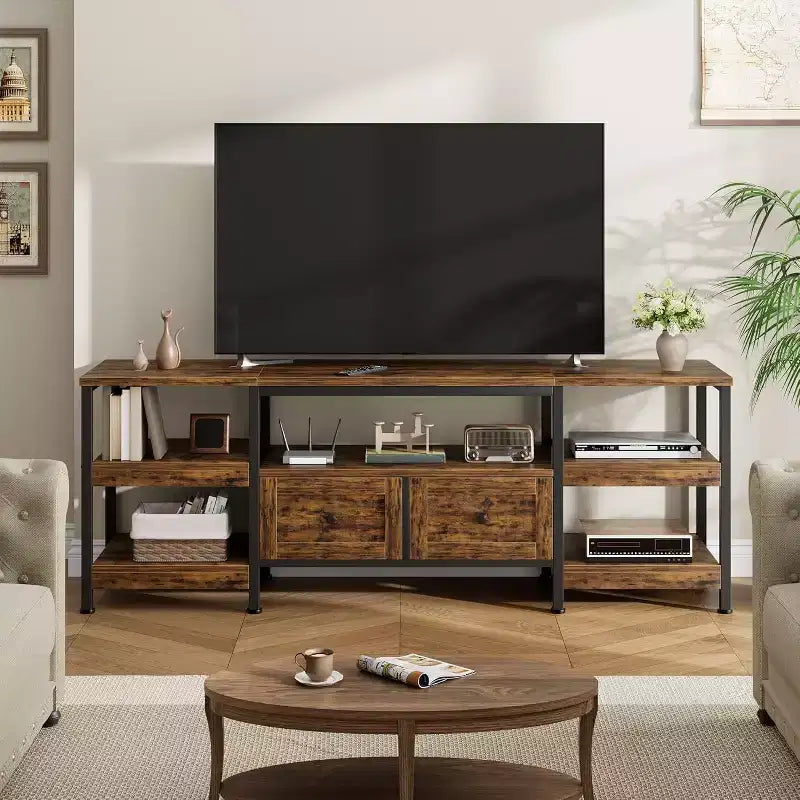 Meuble TV Industriel 63 pouces - Centre de divertissement compatible avec écrans jusqu'à 65 pouces, 2 tiroirs, étagères ouvertes et cadre métallique