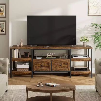 Meuble TV Industriel 63 pouces - Centre de divertissement compatible avec écrans jusqu'à 65 pouces, 2 tiroirs, étagères ouvertes et cadre métallique