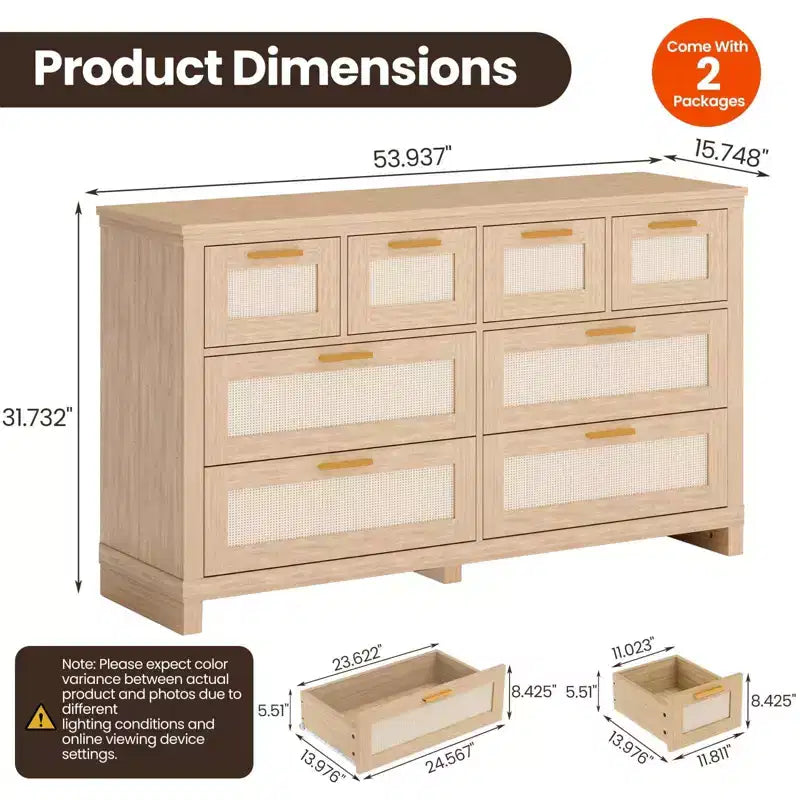 Commode 8 tiroirs, style bohème moderne en bois, rangement peu encombrant pour chambre à coucher, finition rotin et laquée