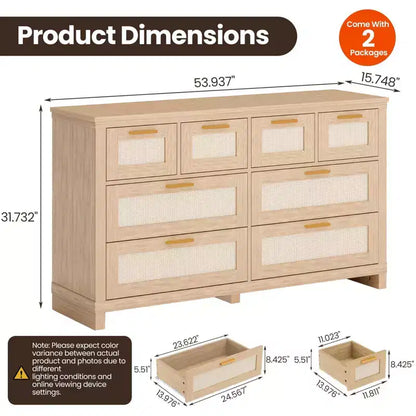 Commode 8 tiroirs, style bohème moderne en bois, rangement peu encombrant pour chambre à coucher, finition rotin et laquée
