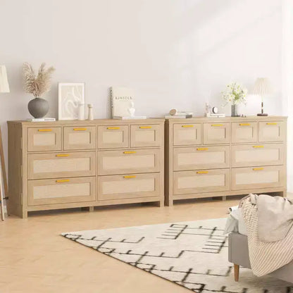 Commode 8 tiroirs, style bohème moderne en bois, rangement peu encombrant pour chambre à coucher, finition rotin et laquée