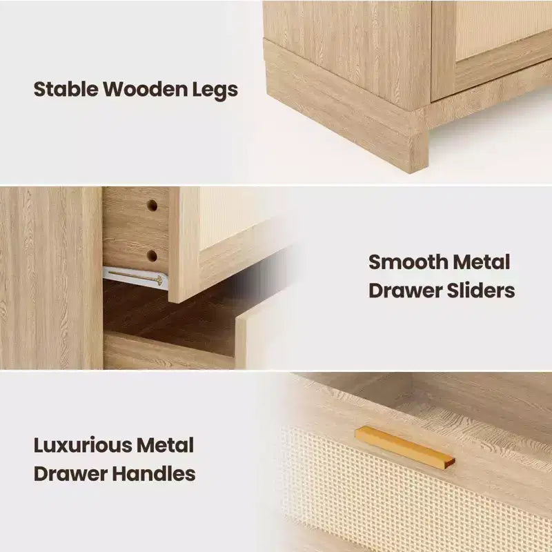 Commode 8 tiroirs, style bohème moderne en bois, rangement peu encombrant pour chambre à coucher, finition rotin et laquée