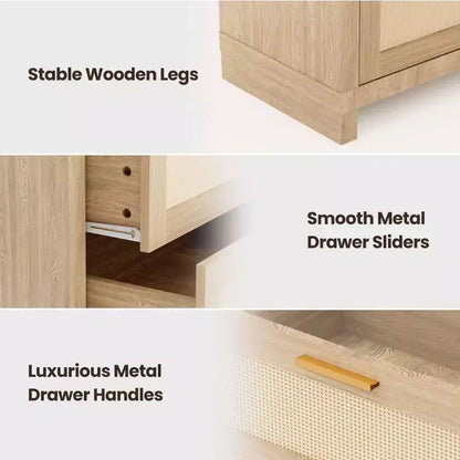 Commode 8 tiroirs, style bohème moderne en bois, rangement peu encombrant pour chambre à coucher, finition rotin et laquée