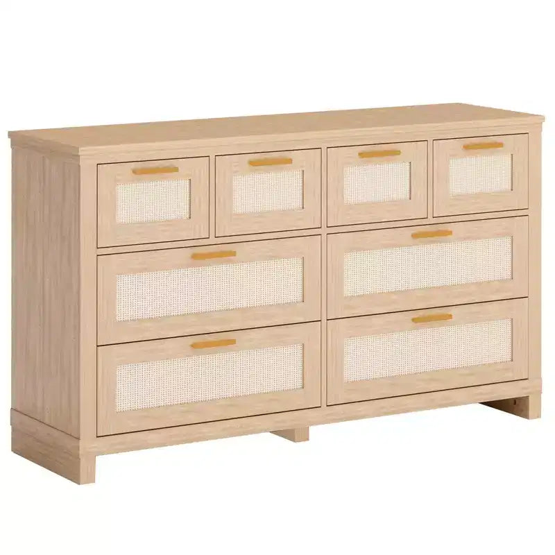 Commode 8 tiroirs, style bohème moderne en bois, rangement peu encombrant pour chambre à coucher, finition rotin et laquée