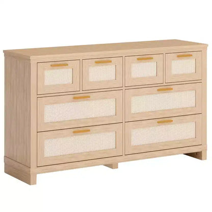 Commode 8 tiroirs, style bohème moderne en bois, rangement peu encombrant pour chambre à coucher, finition rotin et laquée